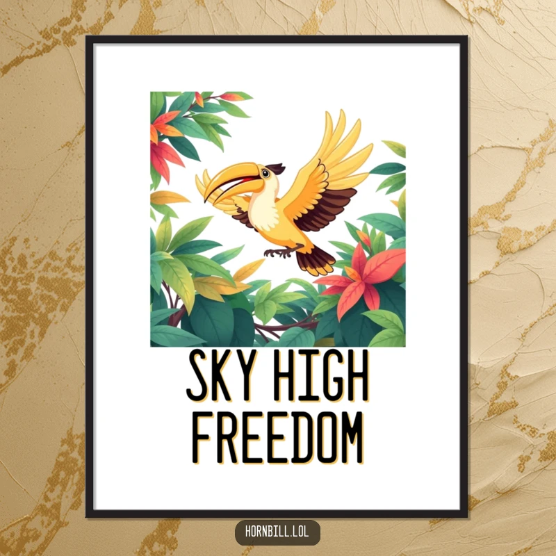 Funny digital art print of a hornbill bird with wings outstretched, soaring joyfully through a vibrant, lush, green leafy canopy.
