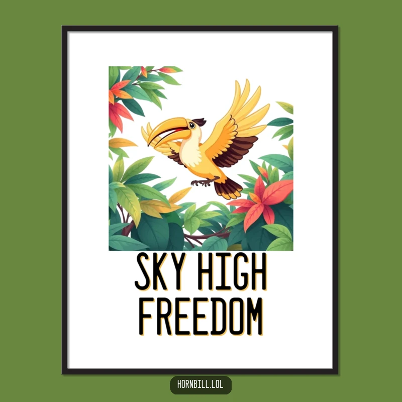 Funny Hornbill Soaring Digital Art Print: Majestic Bird Flight Decor Gift