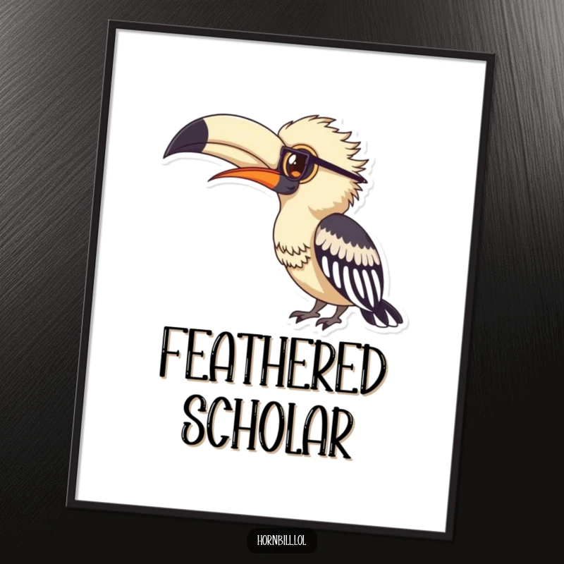 Funny hornbill bird wearing small spectacles, peering studiously at a large feather, available as a charming intellectual digital art print.