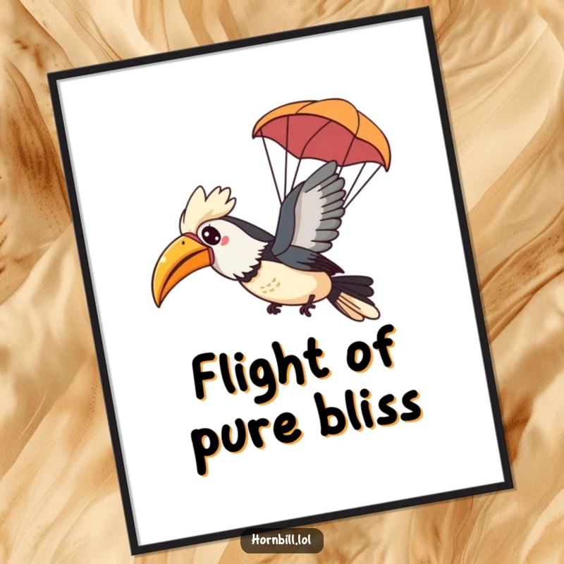 Funny Kawaii Hornbill Digital Art Print of a happy bird gliding through the air with a tiny leaf parachute, perfect for instant decor.