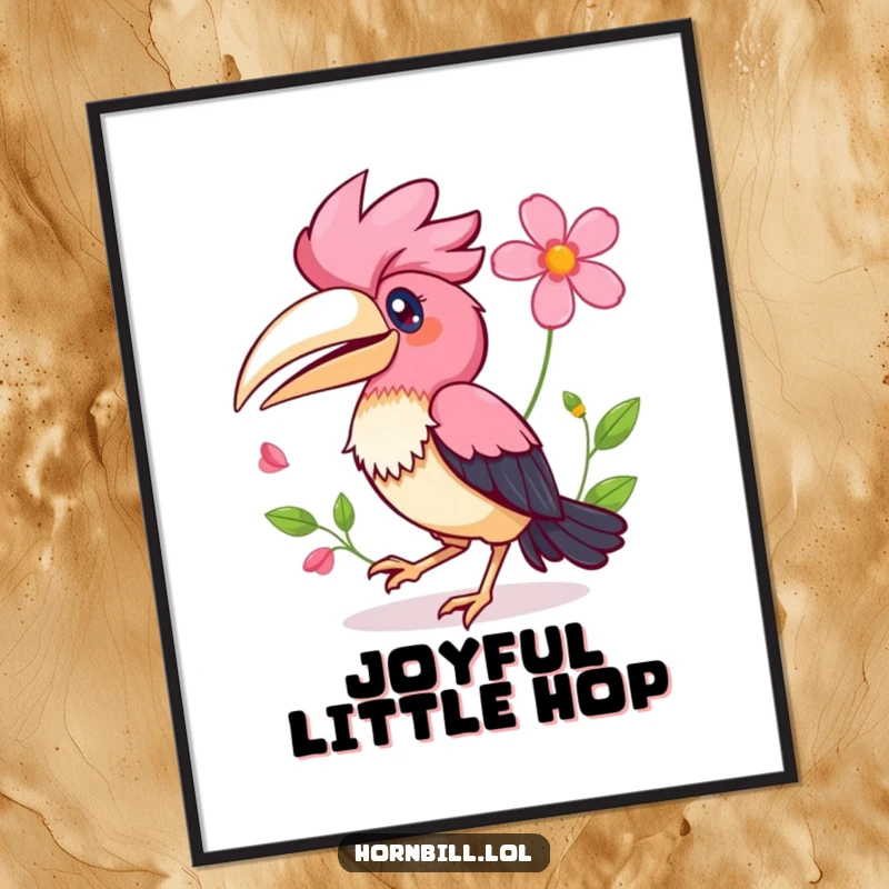Funny Kawaii Hornbill Digital Art Print of a happy bird hopping with a flower, bringing instant cheer.