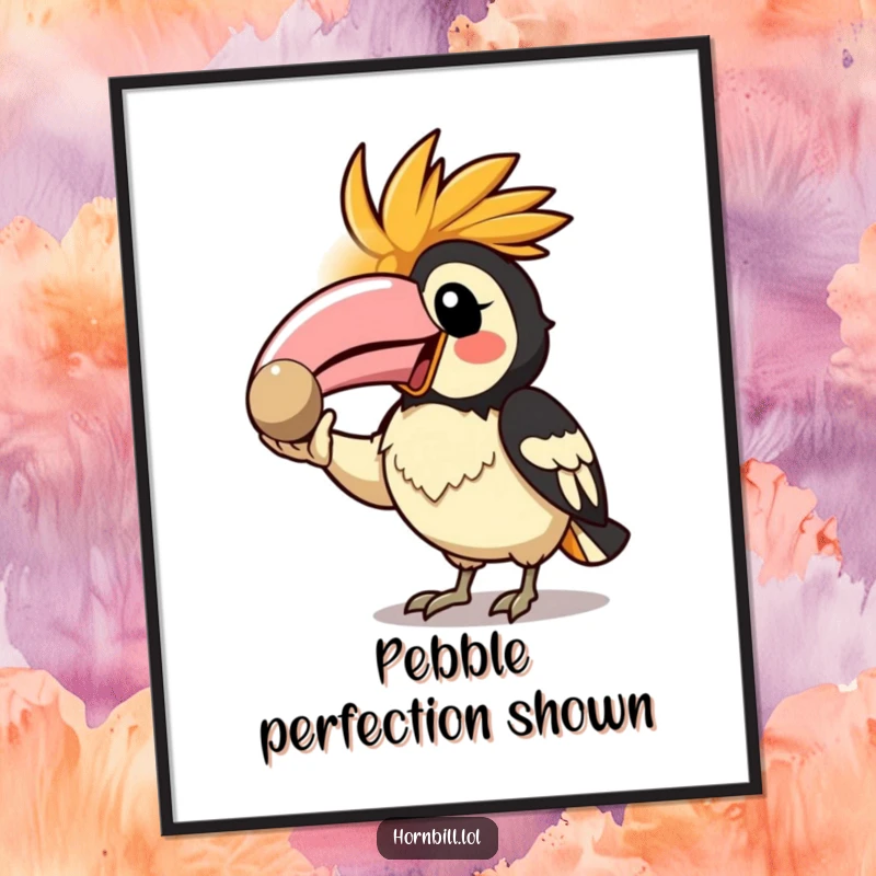 Funny Kawaii Hornbill Digital Art Print of an enthusiastic bird showing off a shiny pebble, perfect for instant decor.