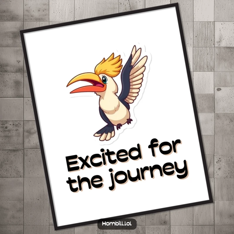 Funny kawaii hornbill looking excited, about to take flight, available as a downloadable digital art print.