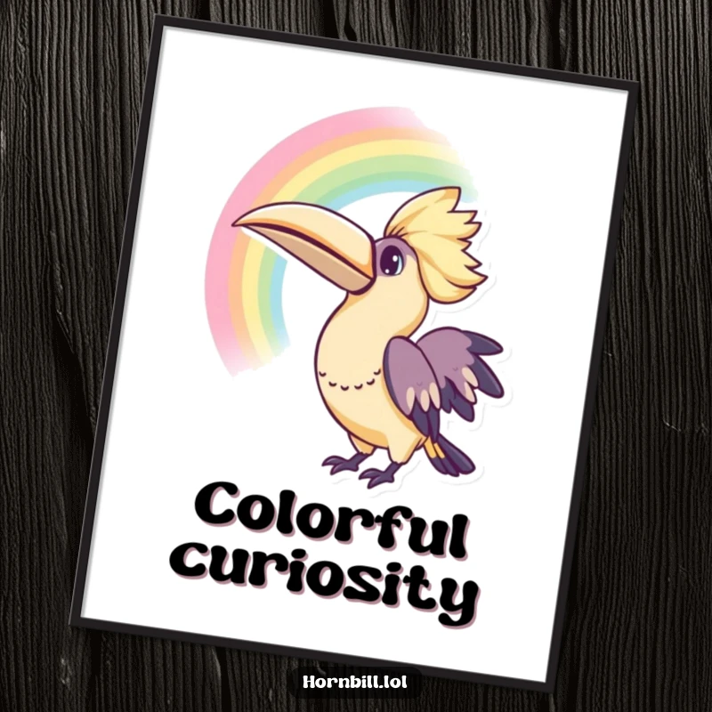 Funny Kawaii Hornbill Rainbow Digital Art Print: A vibrant illustration of a hornbill gazing at a rainbow, symbolizing curiosity and joy.