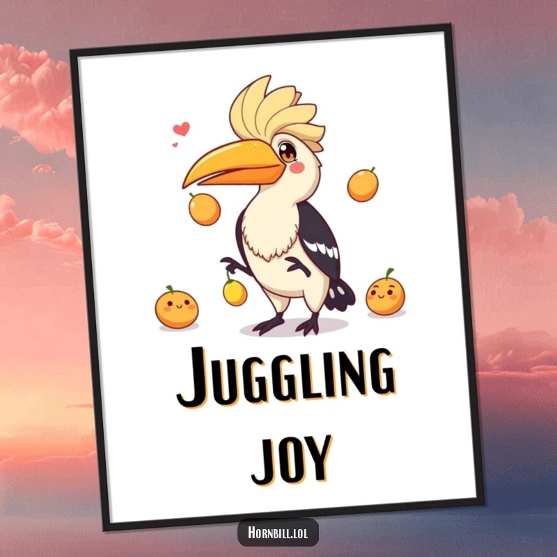 Funny hornbill with a playful expression juggling three small fruits, a vibrant and humorous digital artwork.