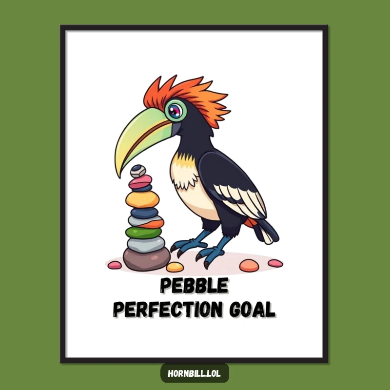 Funny Hornbill Pebble Balancing Digital Art Print: Whimsical Bird Decor Gift