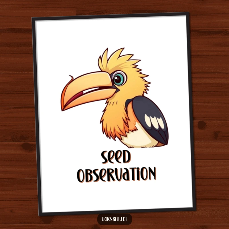 Funny Digital Art Print: A curious hornbill bird intently peering at a small seed, ideal for thoughtful decor.