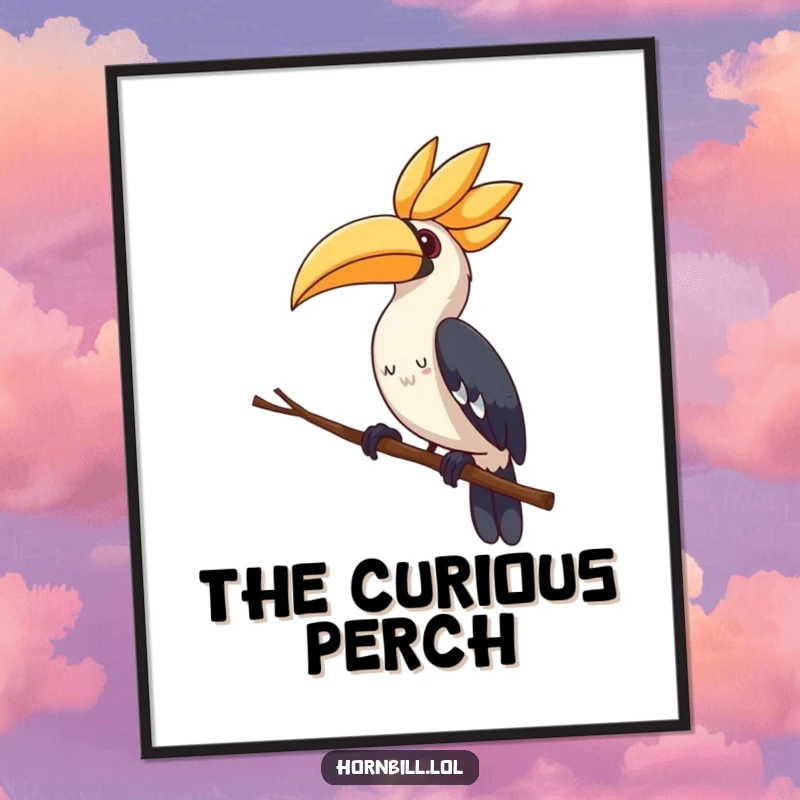 Cute hornbill digital art print, perched on a branch, tilting its head curiously, adorably charming and funny.