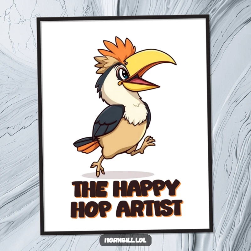 Funny Hornbill Digital Art Print: Hornbill character hopping happily and clumsily, conveying joy, instant funny gift.