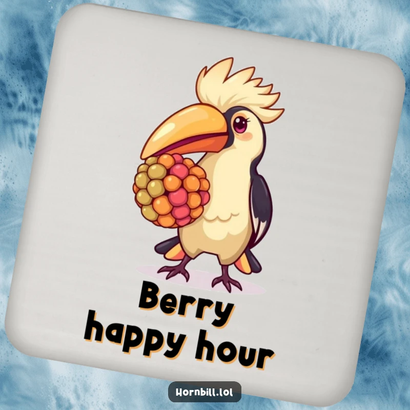 Kawaii hornbill coaster, proudly carrying a colorful berry, offering cute and funny surface protection.
