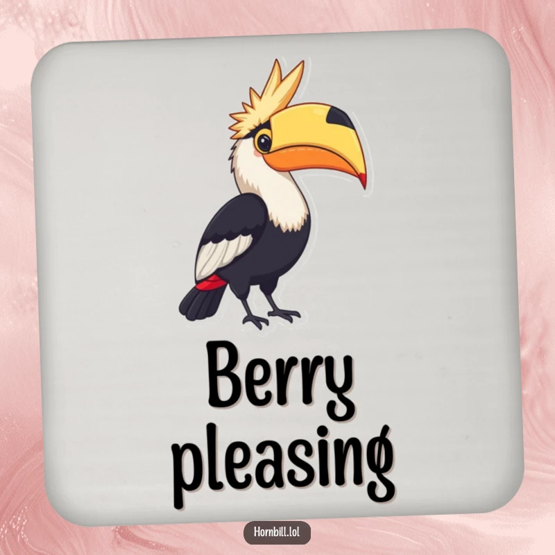 Funny Coasters: A hornbill proudly displaying a large, colorful berry, adding pride to drinks.