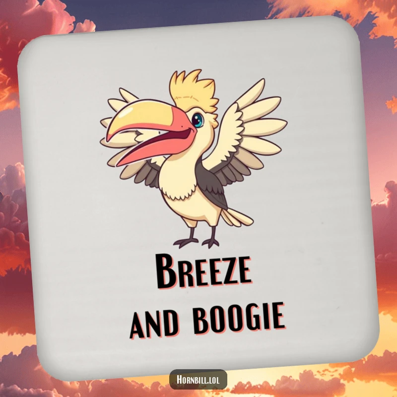 Funny Fanning Hornbill Drink Coasters: a set featuring a cute bird humorously fanning its large beak, protecting surfaces stylishly.