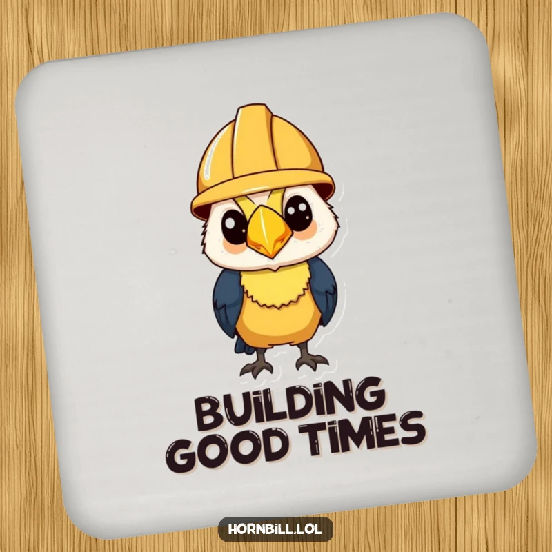 Funny Coaster: Hornbill wearing a tiny construction helmet, looking determined, protecting surfaces with grit.