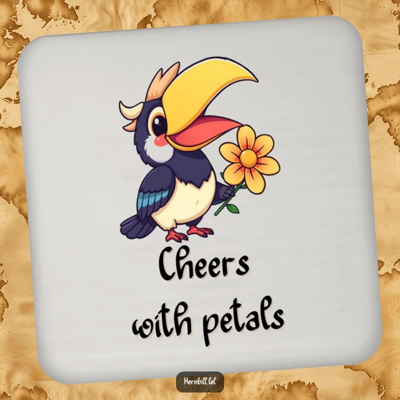 Funny Kawaii Hornbill Coaster featuring a smiling bird offering a colorful flower, adding cheerful protection.