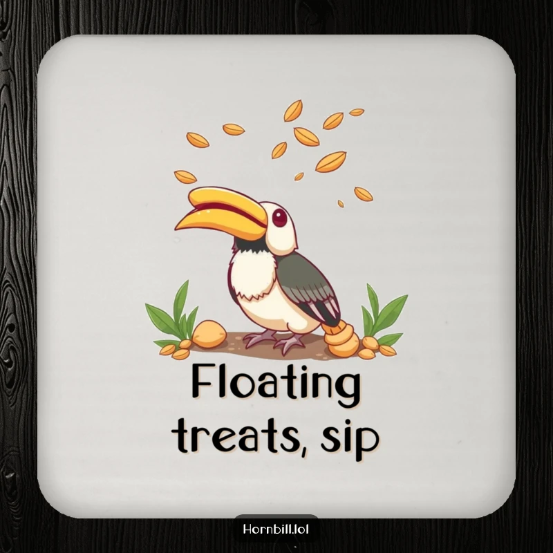 Funny Drink Coaster displaying a small hornbill looking up with wide-eyed wonder at flying seeds.
