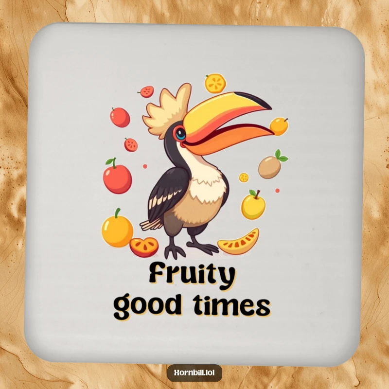Funny Hornbill Coaster: A small, durable coaster featuring a hornbill comically juggling bright, colorful fruits with its large beak.