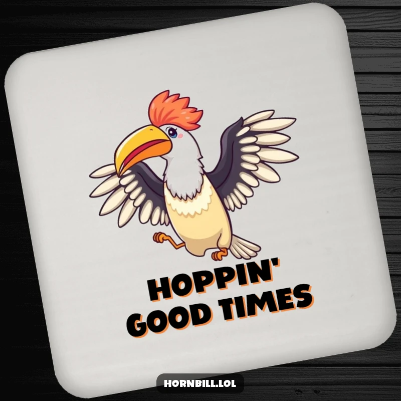 Funny Hornbill Celebration Coaster: A small coaster depicting a bird with spread wings doing a joyous hop, perfect for drinks.