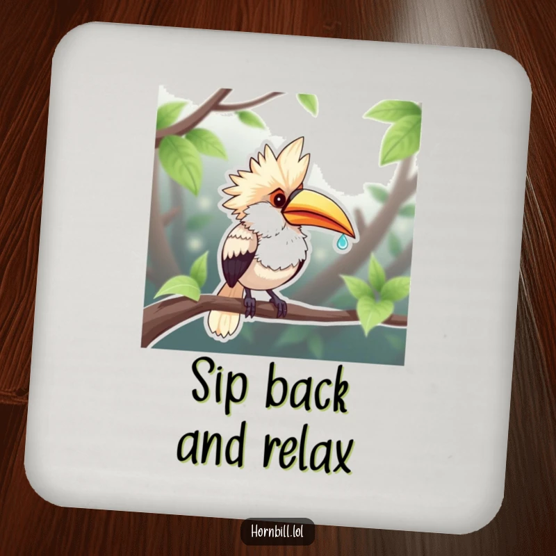 Funny Chubby Hornbill Coaster: A plump hornbill sips a dewdroplet, offering a humorous and protective addition to any surface.