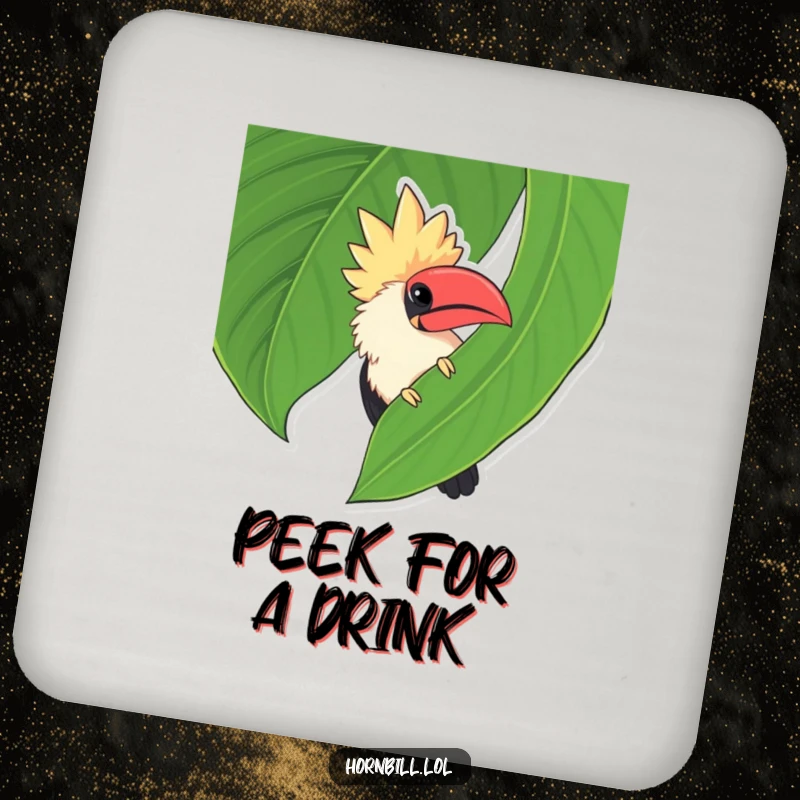 Funny chubby hornbill peeking from behind a leaf, bringing a cute and humorous element to this protective drink coaster.