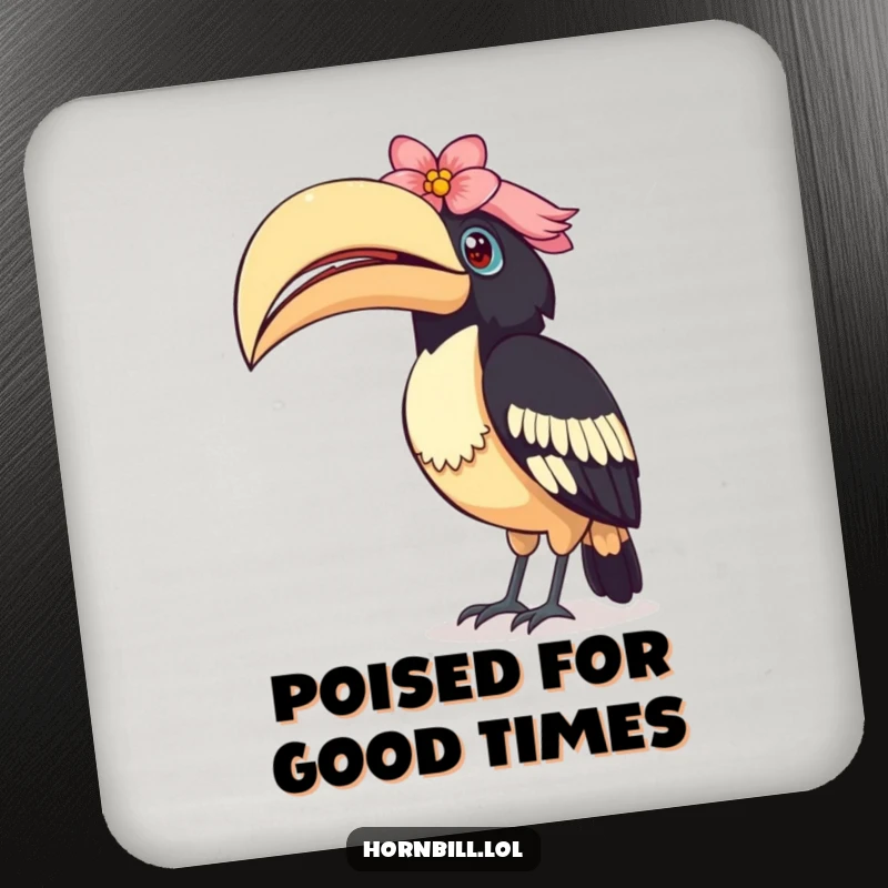 Funny Curious Hornbill Coaster: A small coaster depicting a bird tilting its head inquisitively, its casque adorned with a flower.