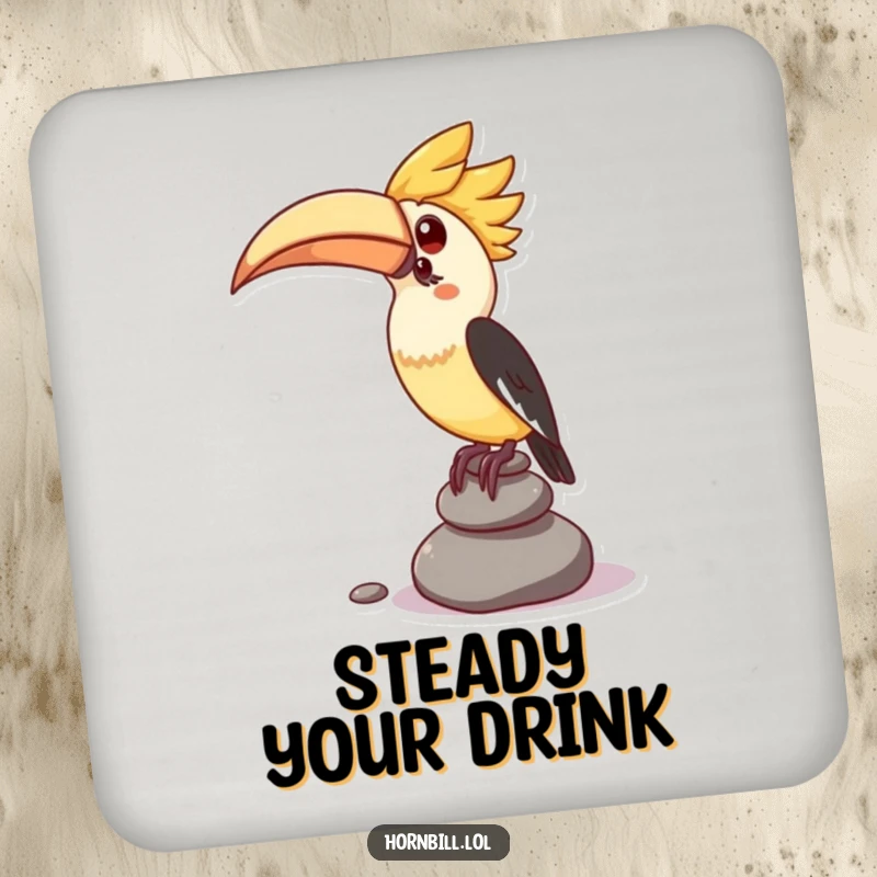 Funny drink coasters with a kawaii hornbill character attempting to balance a stack of small pebbles, adding charm to any table.