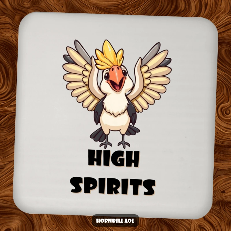 Funny Coasters: A happy hornbill with wings spread wide, ready for flight, adding joy to drinks.