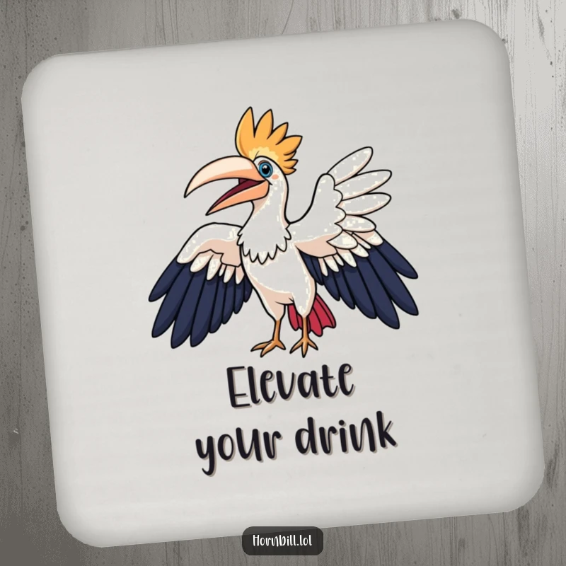 Funny hornbill drink coaster, a hornbill character flapping its wings, adding whimsical and protective charm to tabletops.