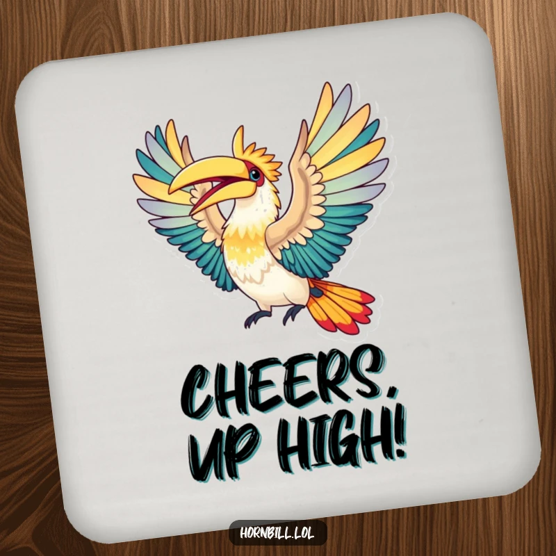 Funny Coaster: A hornbill bird mid-flight, wings spread wide in elation, protecting drinks with a sense of freedom.