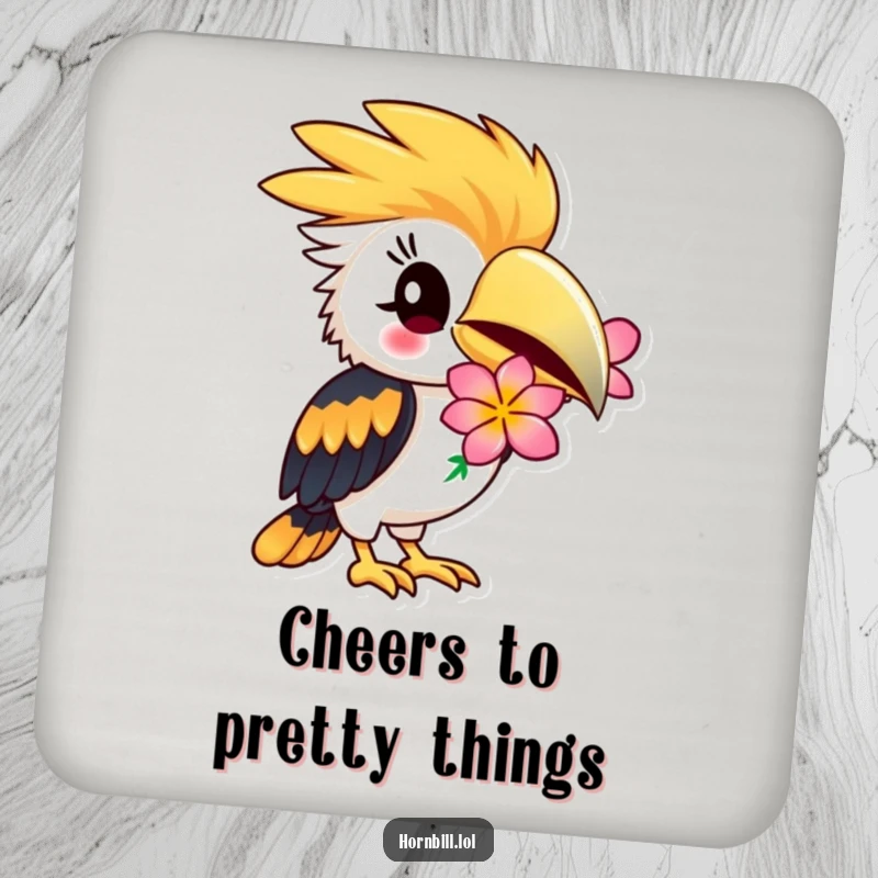Funny Hornbill Coaster: Hornbill winking playfully, holding a flower, cute and stylish, funny gift.