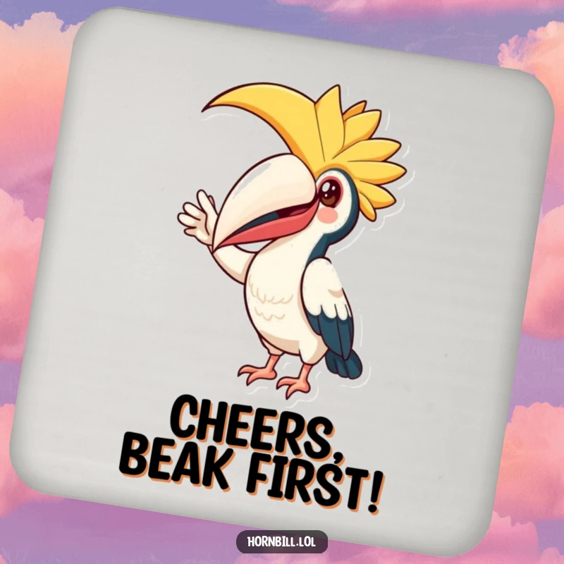 Funny Coaster: Adorable hornbill bird with its casque in a friendly wave, protecting drinks with a smile.