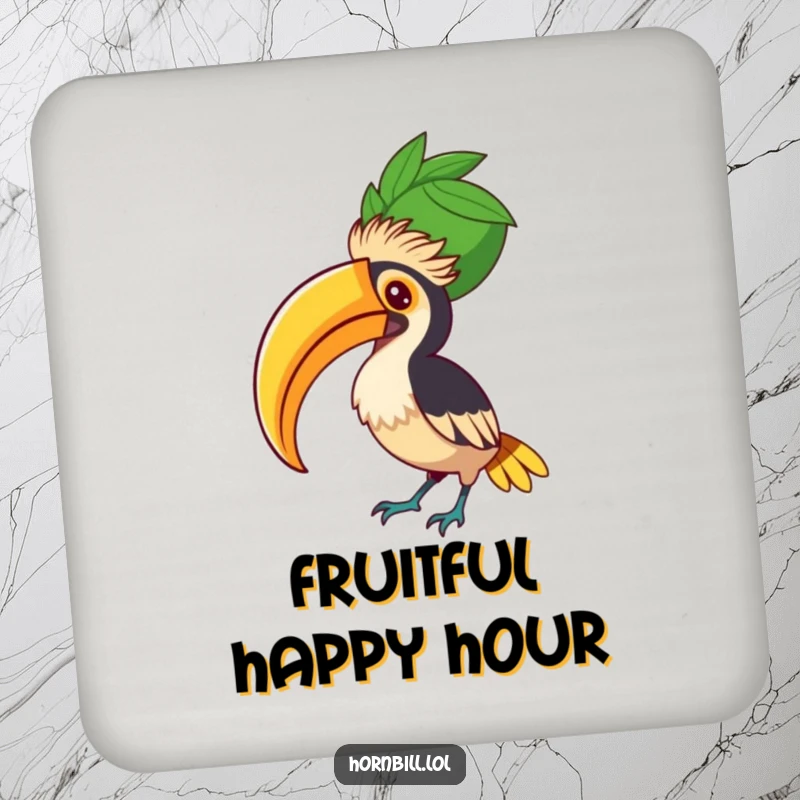 Funny Hornbill Fruit Balancer Coaster, featuring a focused bird balancing a giant fruit, protecting surfaces in style.