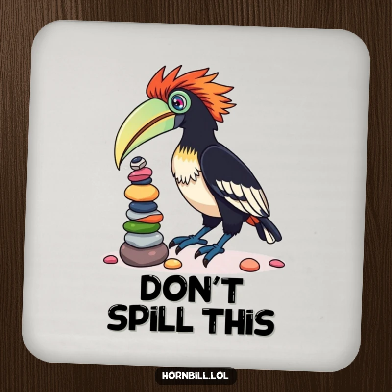 Funny drink coaster showcasing a cute hornbill bird precariously balancing a colorful stack of pebbles on its beak, protecting your table.