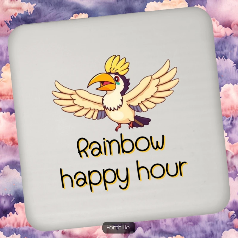 Funny Hornbill Rainbow Flyer Coaster, featuring a joyful hornbill flying through a rainbow, protecting surfaces.