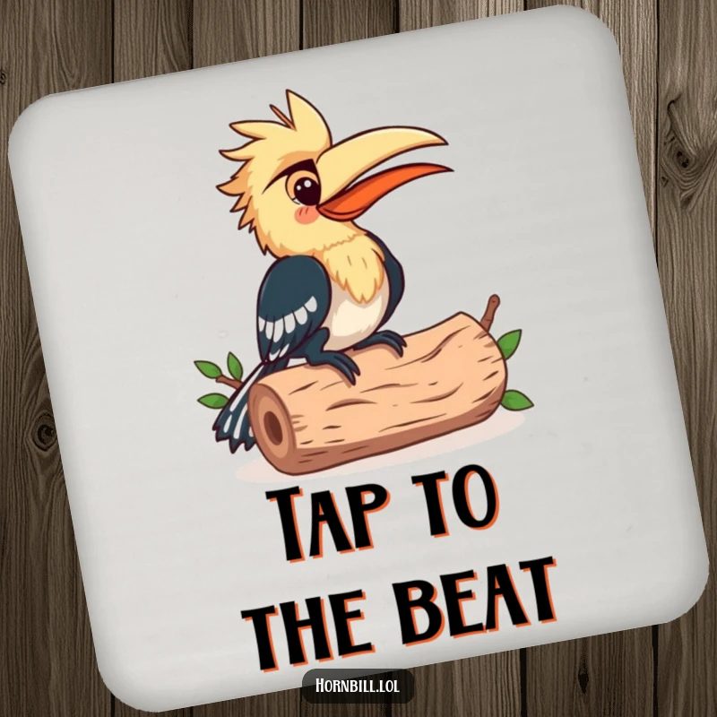 Funny Coaster: A happy hornbill bird pecking a hollow log rhythmically, adding musical flair to drink protection.