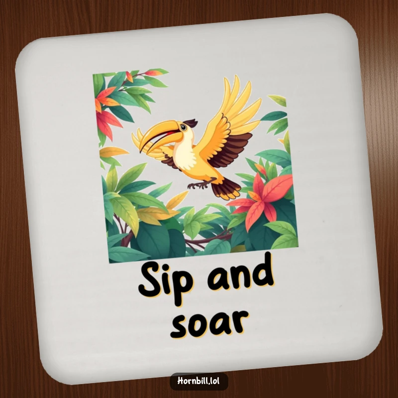 Funny drink coaster showing a hornbill bird soaring with wings spread wide through a vibrant, leafy green canopy, protecting your table.