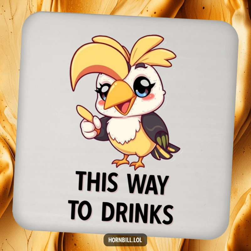 Funny kawaii hornbill drink coaster, featuring a cheerful bird pointing with its beak, a humorous and practical accessory.