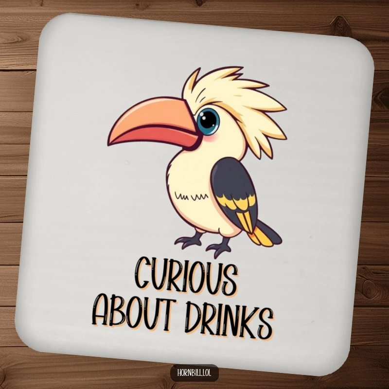 Funny Kawaii Hornbill Coaster: Hornbill tilting casque curiously, cute and stylish, funny gift.