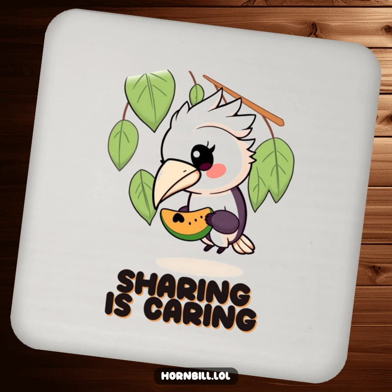 Funny drink coaster with a kawaii hornbill bird sharing a piece of fruit, protecting surfaces with a cute and humorous design.