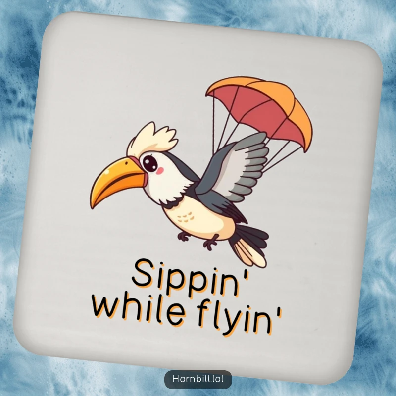 Funny Kawaii Hornbill Coaster featuring a happy bird gliding through the air with a tiny leaf parachute, adding playful protection.