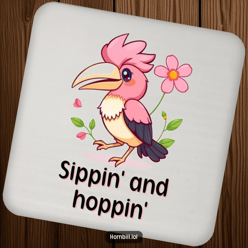 Funny Kawaii Hornbill Coaster featuring a happy bird hopping with a flower, adding cheerful protection.