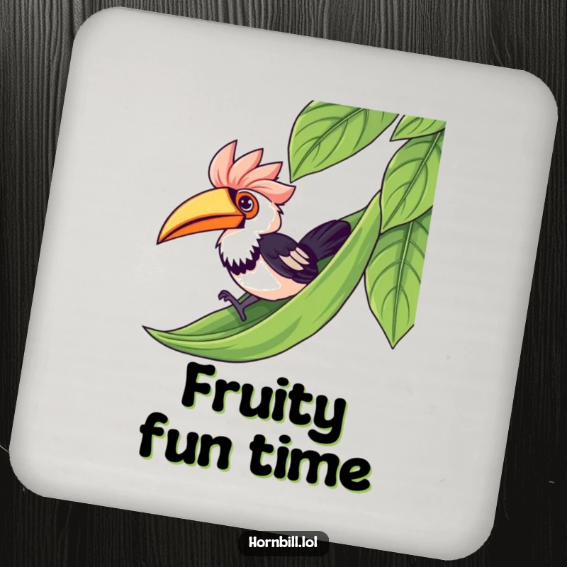 Funny kawaii hornbill making a splashy leaf slide, adding a humorous touch to this protective drink coaster.