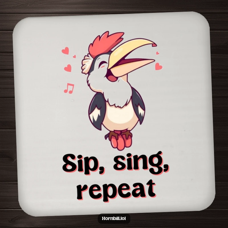 Funny Kawaii Hornbill Singing Coaster: A cute hornbill sings with beak open, offering funny protection and musical charm.