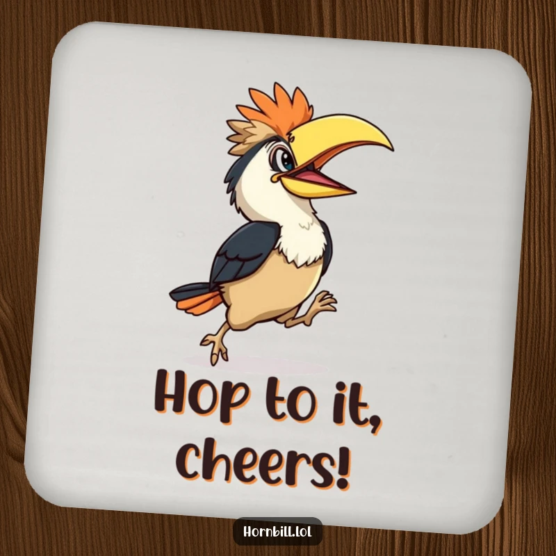 Funny Hornbill Coaster: Cute hornbill character hopping happily, conveying joy and slight clumsiness, funny coaster, great gift.
