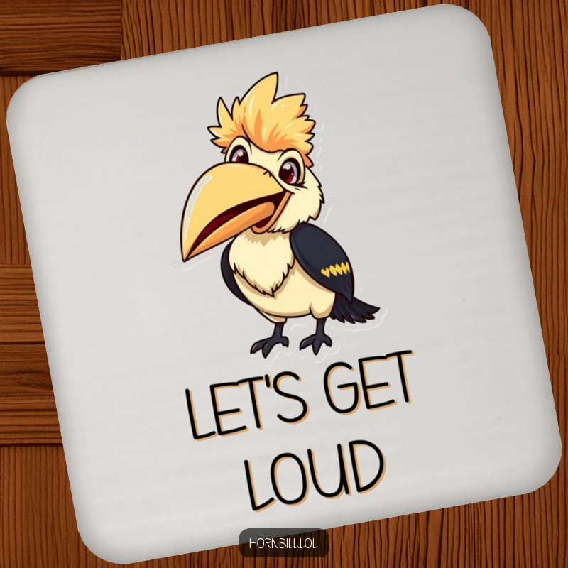 Smiling hornbill coaster, beak wide open, ready to chirp, offering funny and cheerful surface protection.