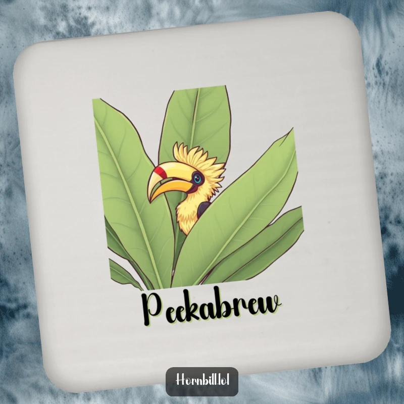 Funny Coaster: Hornbill peeking its head out from behind a large leafy bush, protecting surfaces with natural charm.