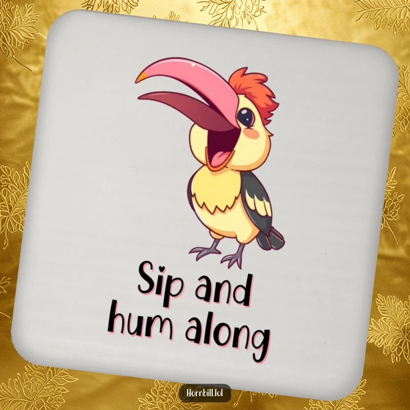 Funny Drink Coaster featuring a cute hornbill with its beak open, singing a cheerful tune, protecting surfaces with style.