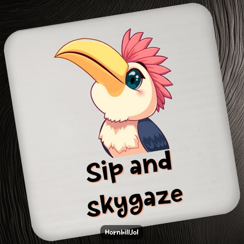 Funny happy hornbill with wide eyes looking at the sky, bringing a cheerful and humorous touch to this drink coaster.