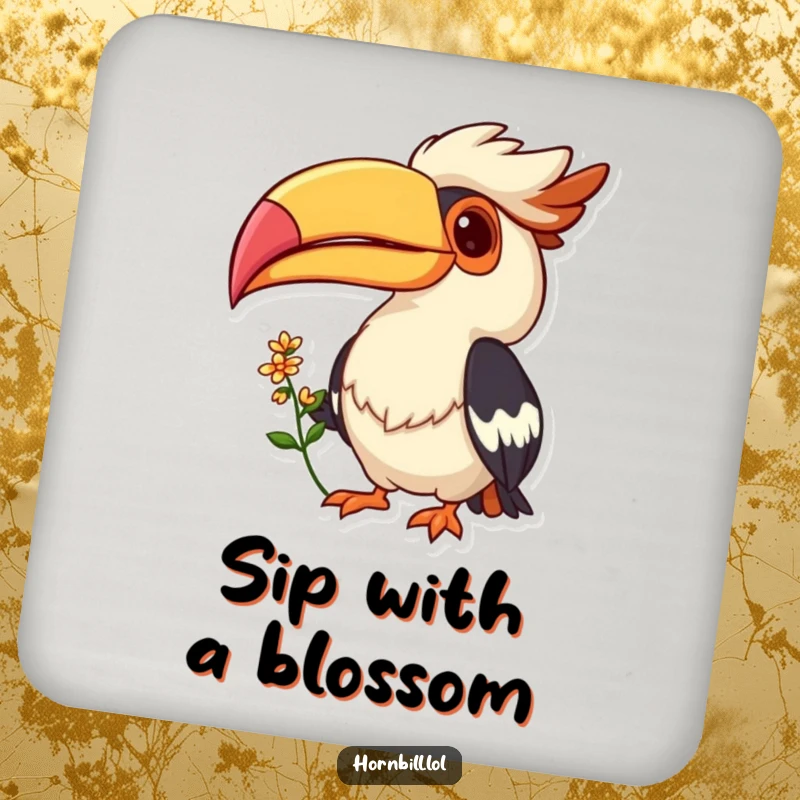 Funny drink coaster with a cheerful Hornbill bird offering a flower with a grin, adding charm and protection to tables.