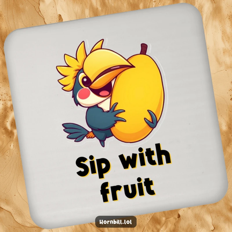 Funny drink coasters with a kawaii hornbill character joyfully holding a giant colorful fruit, adding charm to any table.