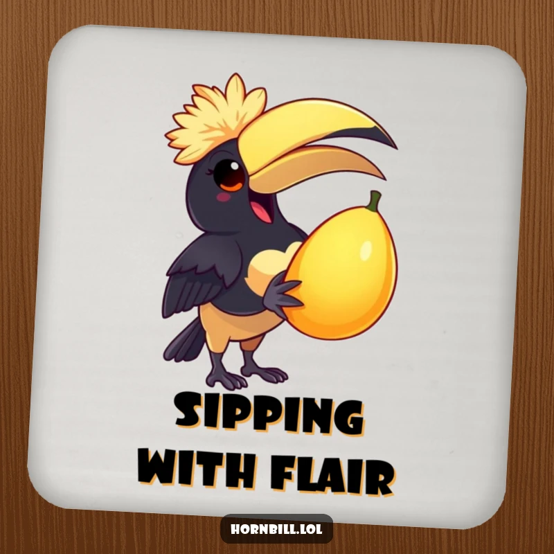 Funny Coaster: A delighted hornbill in a feathered cap joyfully holds a large, juicy fruit, adding humorous charm to drink protection.